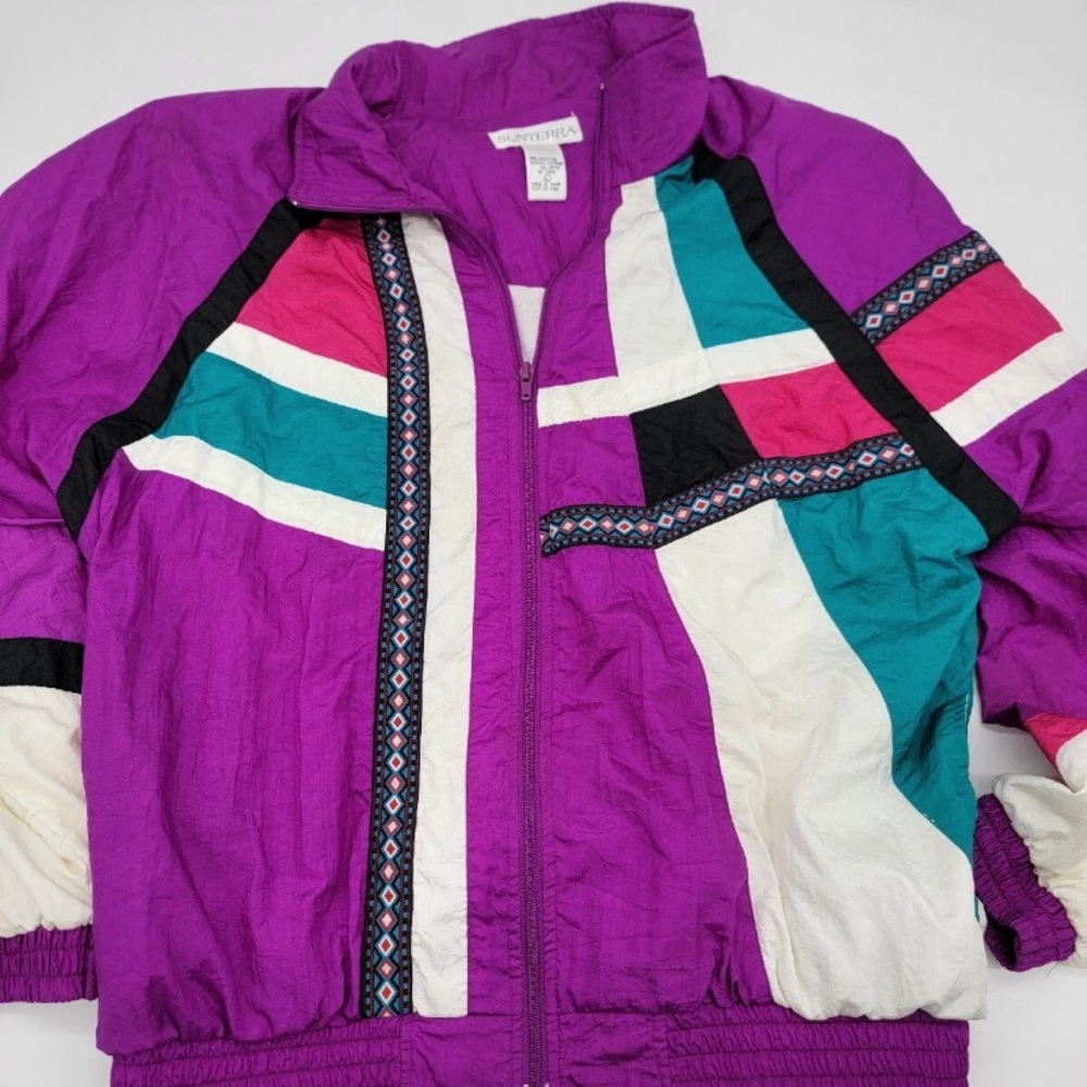 Sunterra Womens Lg Jacket  Nylon Color Block Aztec Jogging Vintage Windbreaker